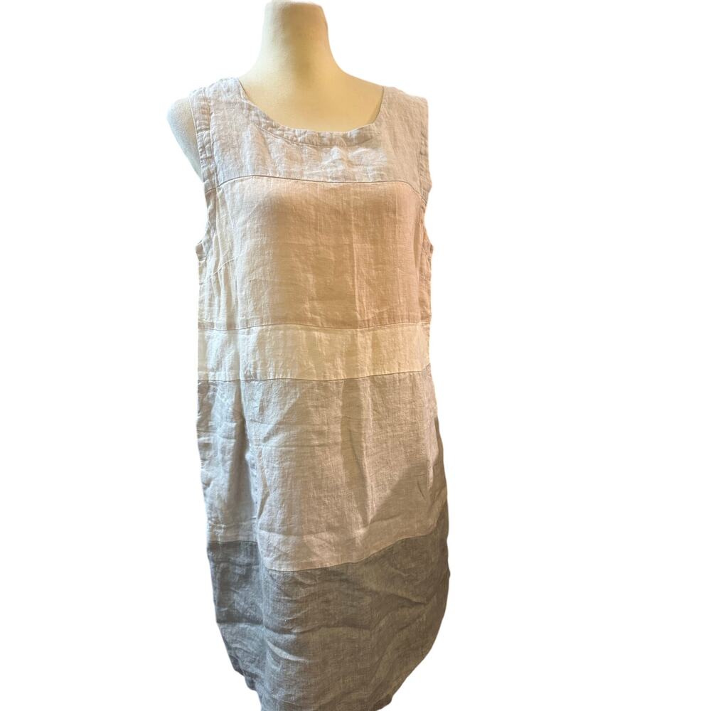 Studio 412 100% Linen Colorblock Shift Dress, Artisan Made, Grey Cream, Large